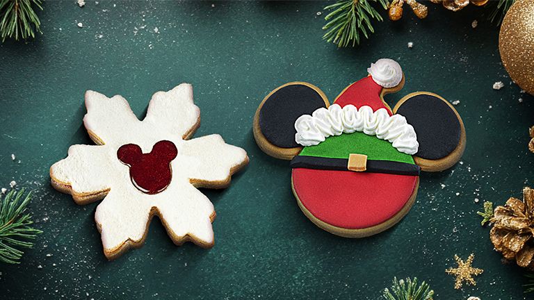 Christmas-themed Mickey biscuits with winter background